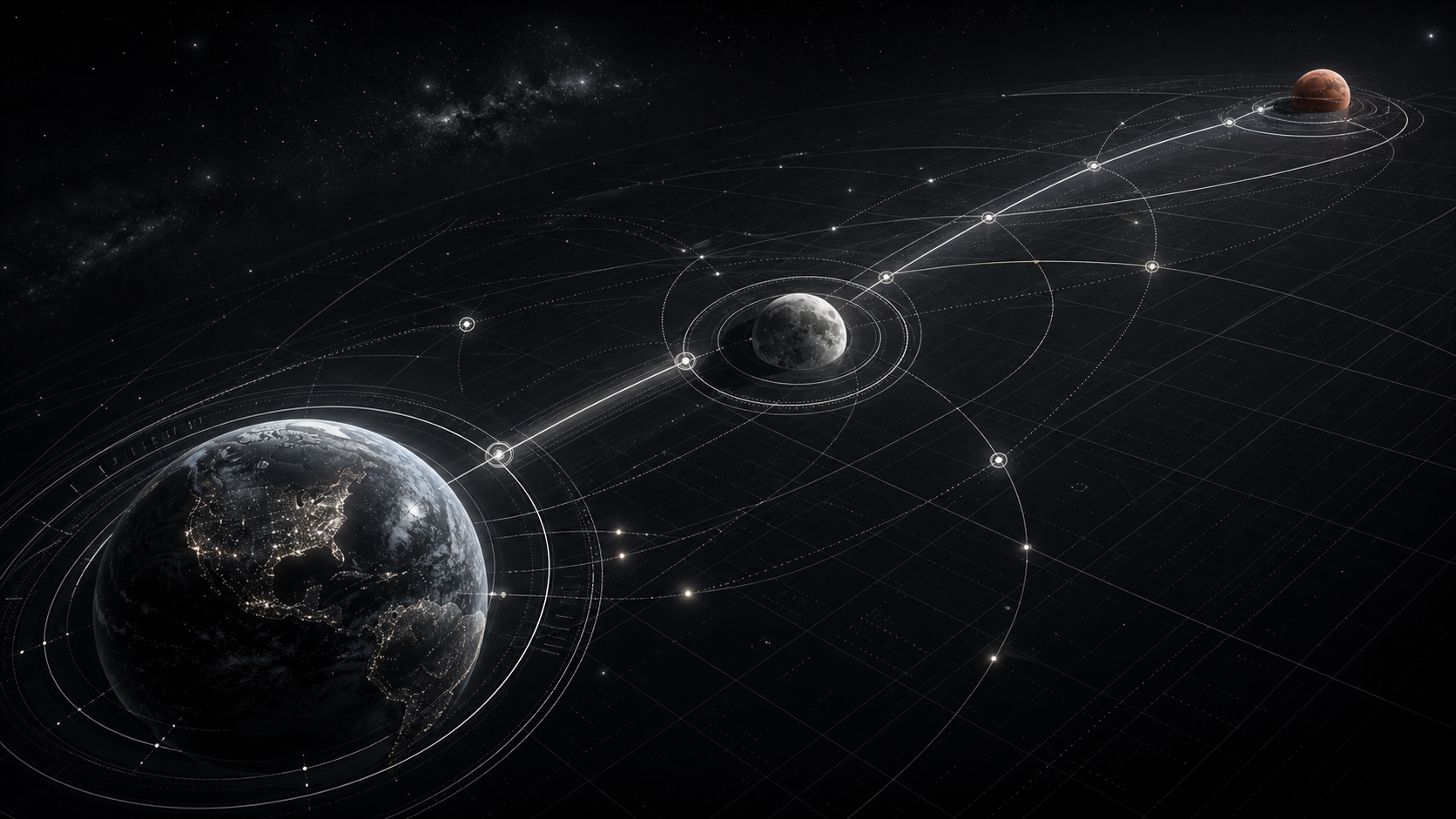 Abstract silver orbital communications grid connecting Earth, the Moon, and a distant Mars point